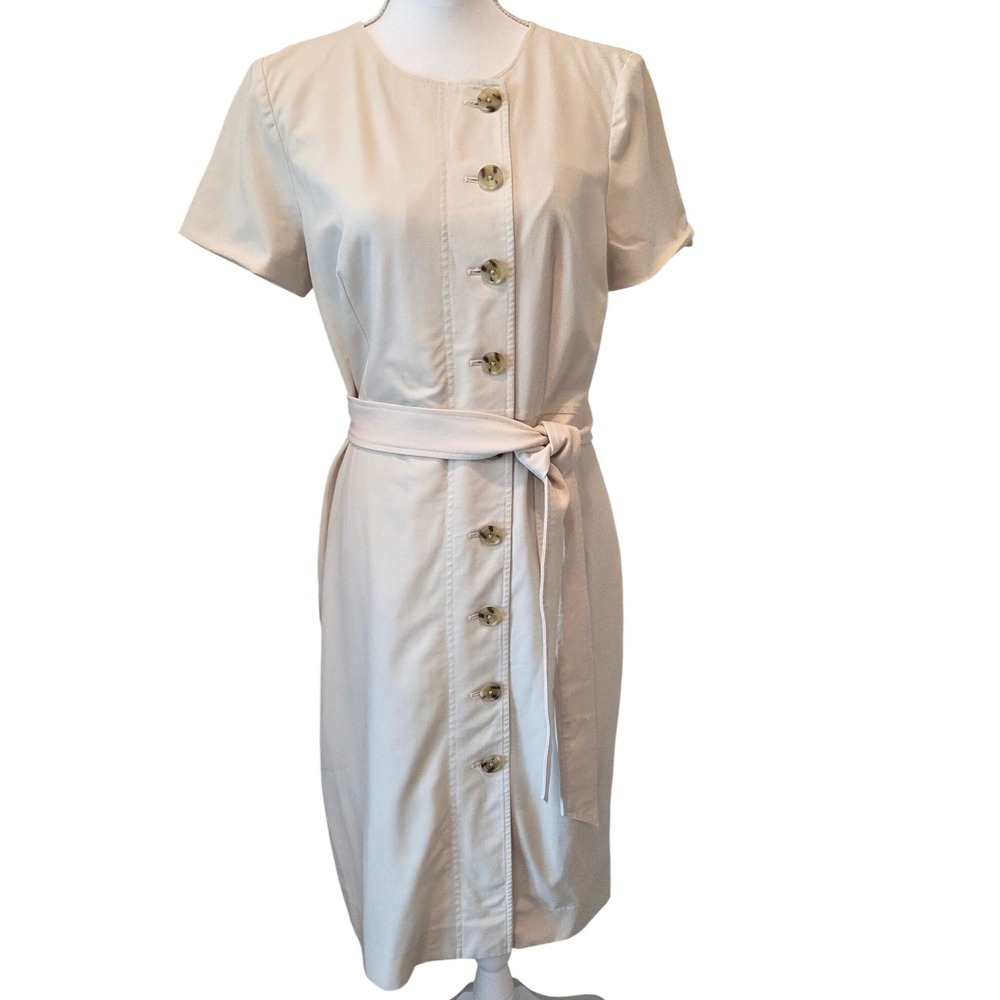 J.Crew 365 Button Front Belted Sheath Dress Wool Blend Beige Minimalist Size 12